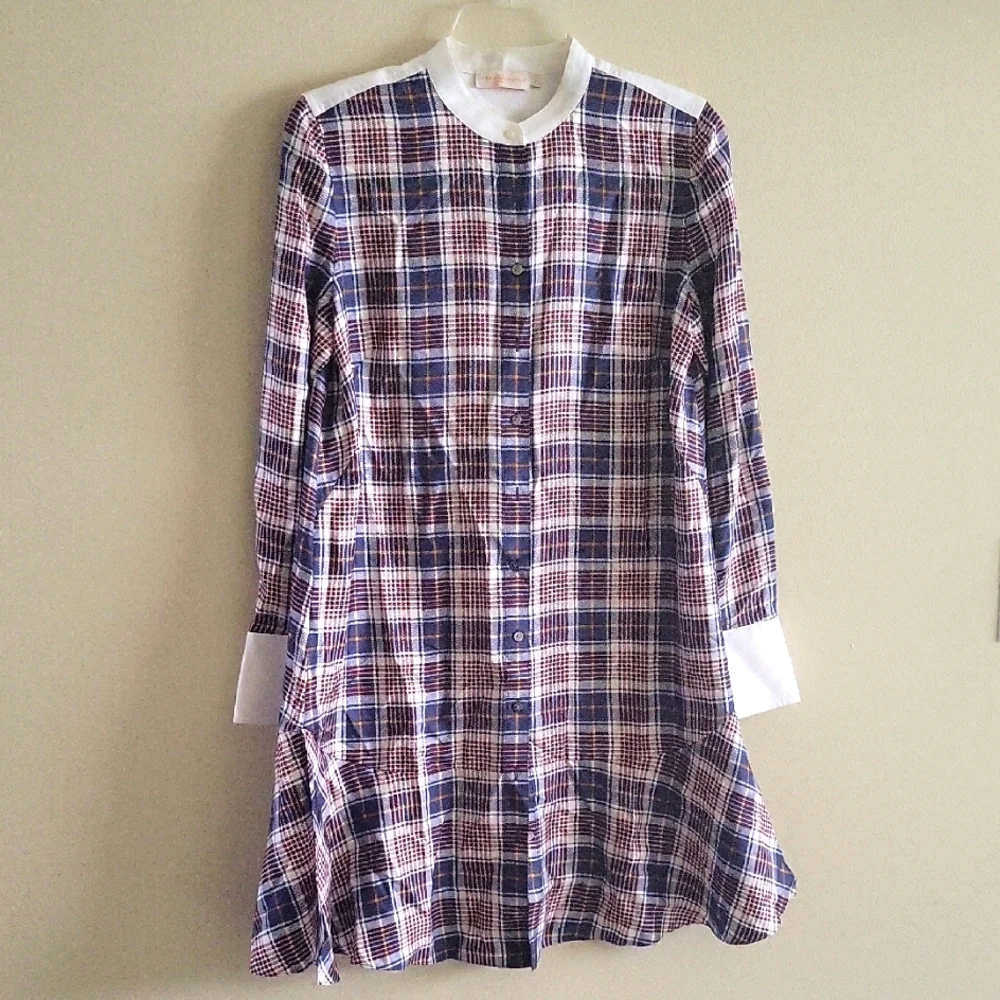 NWT Tory Burch Cora Milano Tartan Silk Mini Brown Blue Shirt Dress Plaid Size 6